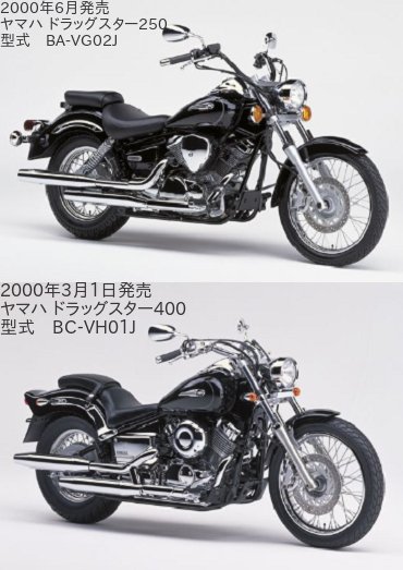 ドラッグスター250(型式 BA-VG02J)とドラッグスター400(型式 BC-VH01J)の違いを比較